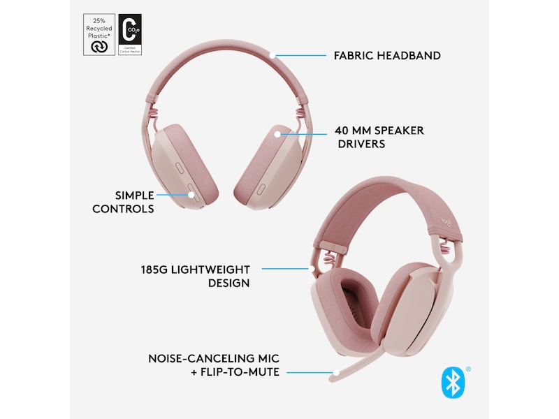 Logitech Zone Vibe 100 trådlös headset (rosa) Hörlurar