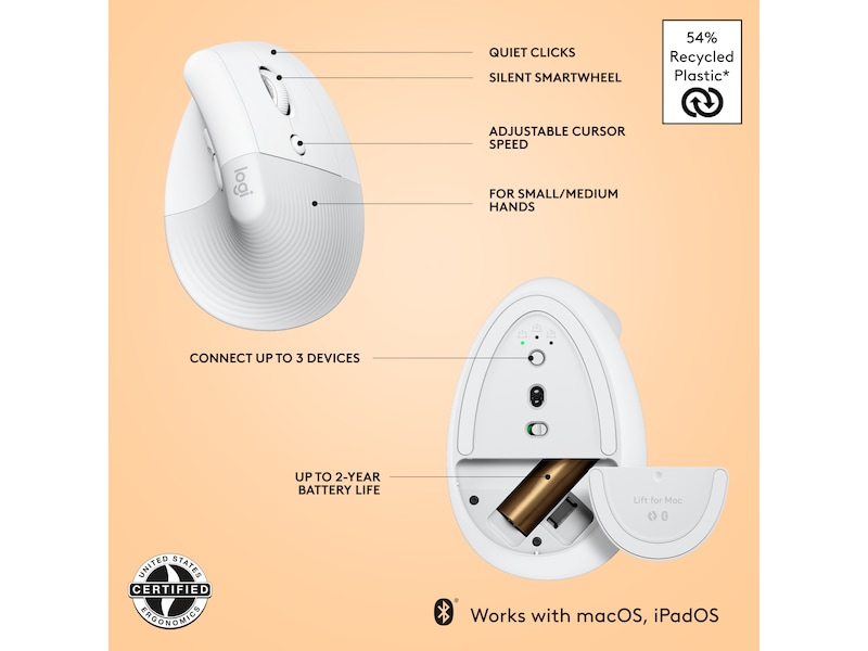 Logitech Lift for Mac Vertikal Trådlös Mus (off-white) Ergonomi