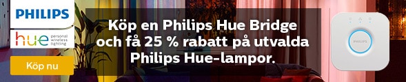 Få 25% rabatt på utvalda produkter från Philips Hue vid köp av en Philips Hue Bridge.